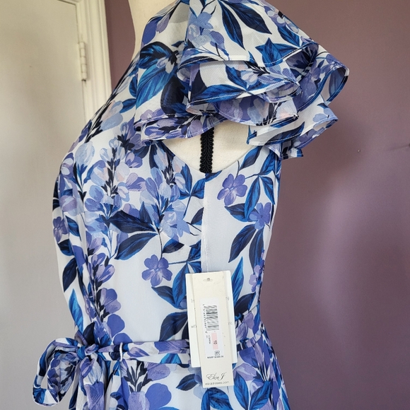 NWT Eliza J Blue Floral V-Neck Flutter Sleeve Ruffle Waist Tie Formal Maxi Dress - Picture 7 of 16